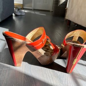 Coach wooden platform heels orange and wood tones 6